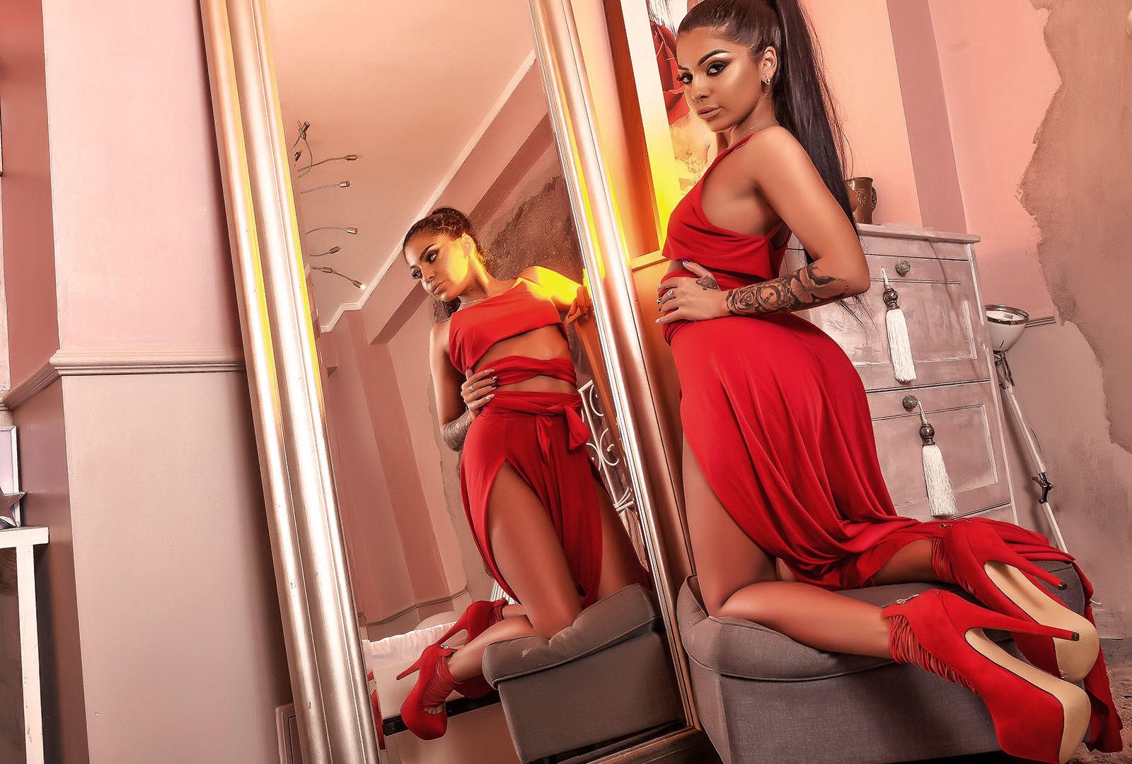 AngelaMyst in a Sensual Red Dress Striptease - #3