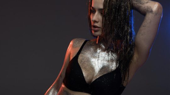 DoraBanks shinny body paint with sexy black bra