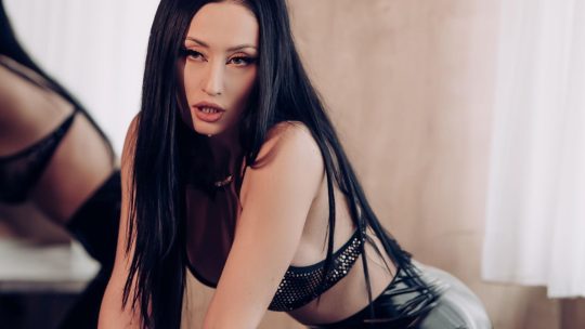 KylieDamon wears provocative black leather bra and leggings - #7